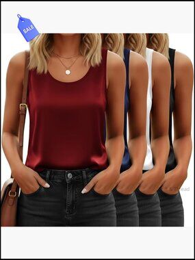 4 Pack Silk Satin Tank Tops, Sleeveless Camisole, Lightweight Blouse for Work